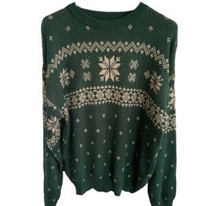 Vintage 80s 90s Men's Women's Green Snowflake Fair Isle Sweater ITC Size L